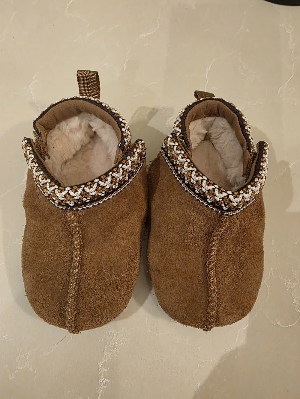 BABY UGG Chestnut Suede Infant Slippers with Cream Fur Collar